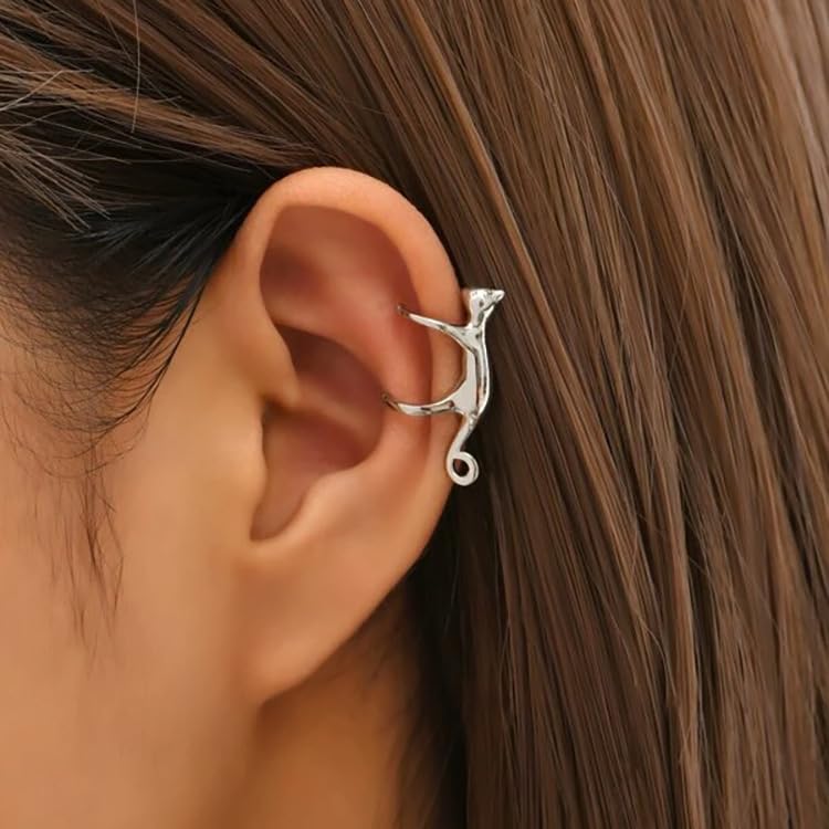 Cat Earring for Women - Cute Ear Cuff Climber Crawler Earring Silver Non Pierced Ears Hypoallergenic Earrings for Cat Lover Funny Jewelry - color: B