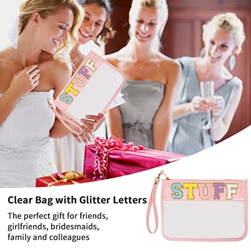 Iqimott Chenille Letter Stuff Bag Clear Flat Pouch, Monogram Glitter Letter Patch Makeup Cosmetic Bag Zipper Toiletry Pouch, Portable Travel Beach Snack Wristlet Bags for Women Girls(Stuff, Pink) - color: Stuff-Pink