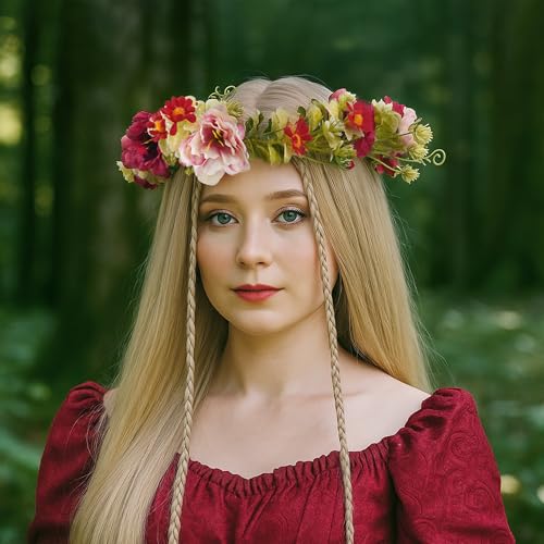Red Rose Flower Headband, Adjustable Boho Bridal Floral Crown Headpiece, Fairy Forest Flower Crown for Women Girls Renaissance Birthday Bride Wedding Festivals Party Hair Accessories - color: Rose Daisy Red