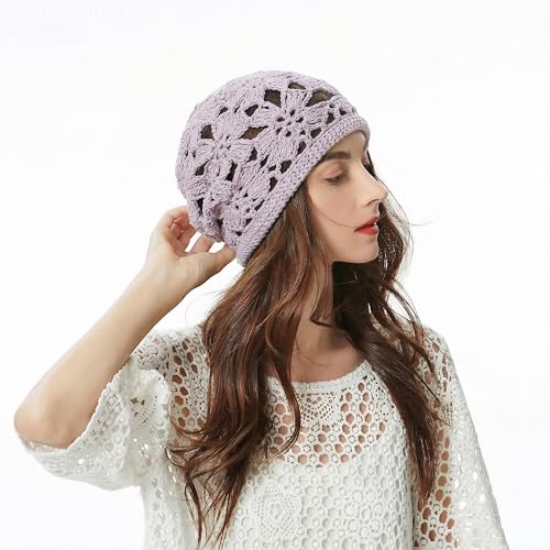 ZLYC Women Cotton Crochet Slouchy Beanie Hat Handmade Knit Summer Skull Cap - color: Crochet Purple