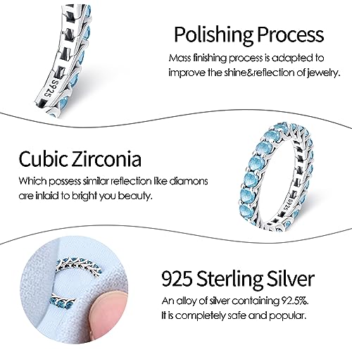 KUNSIR 925 Sterling Silver Rings Classic Cubic Zirconia Eternity Promise Statement Anniversary Wedding Bands Engagement Rings for Women Infinity Forever Love Ring Size 7-9 - style: Zircon Blue Ring
