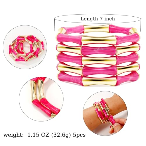 Gold Tube Bangle Bracelets for Women Stackable Bamboo Chunky Acrylic Beads Stretch Friendship Summer Beach Bracelet Jewelry - color: Red