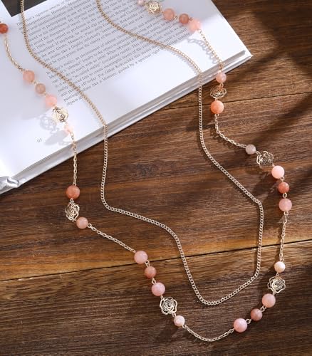 FULU AUTUMN Boho Gold Long Necklaces for Women Natural Stone Beaded Layered Long Necklace Mothers Day Gifts Dainty Flower Costume Jewelry for Women - color: Pink