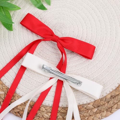 WORTL Red Hair Bows Clips Coquette Ribbon Bowknot with Long Tail Princess Hair Bows French Barrettes Hair Accessories for Women Girls 16PCS (Red, Cream) - color: Red, Cream