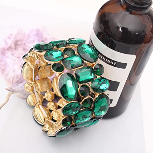 Women’s Wedding Bridal Crystal Leaf Flower Stretch Bangle Elastic Wide Bracelet Jewelry for Brides Bridesmaid - color: Emerald-Gold Plated