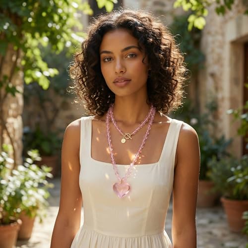 Coiris Chunky Heart Necklace for Women Statement Beaded Pendant Boho Christmas Necklace Gifts for Women - color: Pink, size: Long