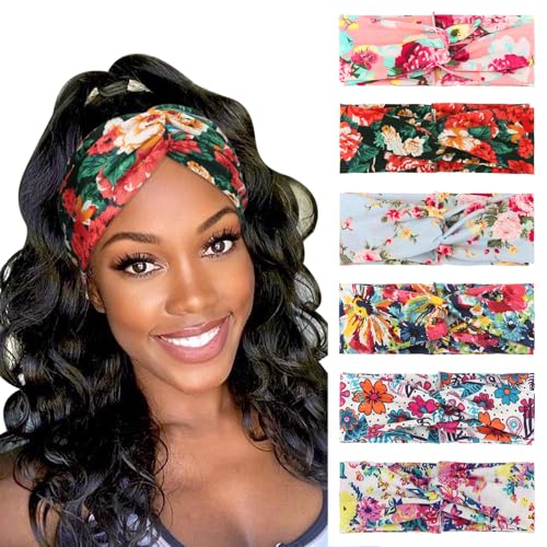 DRESHOW 6 Pack Boho Non-Slip Headbands for Women Girls Yoga Workout Running Knotted Turban Floral Printed Elastic Head Wrap - color: 6 Pack: Floral Printed a