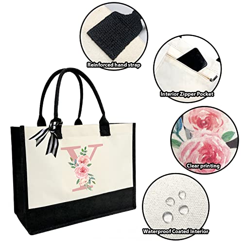 Initial Canvas Tote Bag for Women, Beach Bag with Inner Zipper Pocket Personalized Gifts for Wedding, Birthday | Initial - color: Y
