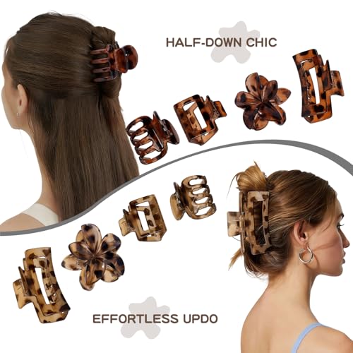 8 Pcs Neutral Matte Hair Claw Clips Set, Strong Hold Non-Slip Jaw Clips for Women Girls, Rectangle & Flower Design Hair Clips for Thick/Thin Hair, Daily & Styling Accessories(Leopard) - color: Leopard