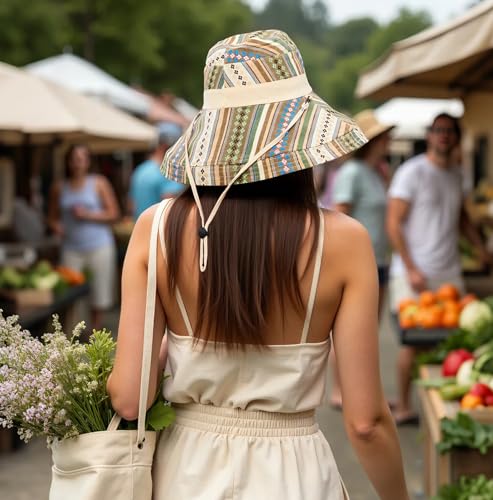 Wide Brim Sun Hat for Women Reversible Beach Hats Metal Wired Edge Gardening Hats, UPF 50+ Bucket Summer Hat - color: Beige Boho-style