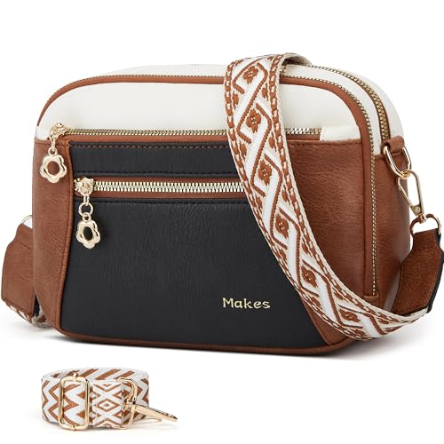 Crossbody Purse for Women Small Crossbody Bags Trendy Vegan Leather with Adjustable Shoulder Straps Gift for Mother Wife Mom - color: Beige With Black and Brown