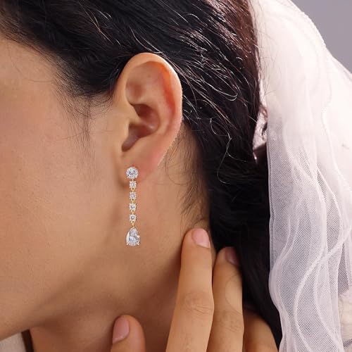 Teardrop Cubic Zirconia Dangle Earrings for Women 925 Silver Post Gold Plated Bridal Jewelry for Wedding Bride Bridesmaid Prom Pageant - color: Gold