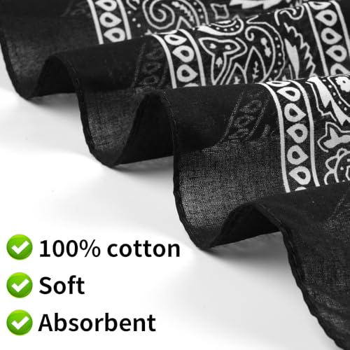 6 Pack Pure Cotton Bandana, Multi-Purpose Square Handkerchief, Face Mask headband for Men and Women - color: Black
