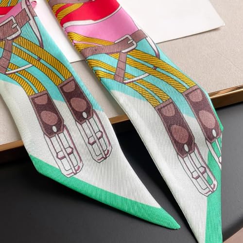 JERLA 100% Mulberry silk Scarf bag scarf Head Hair Ribbon Handbag Handle wrap Tie Bundle Neckerchief Scarf for women - color: Chewing Ring Green White