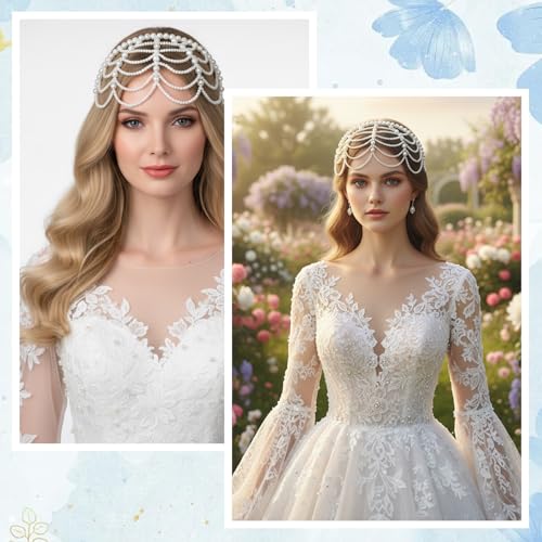 1920s Pearl Headpiece White Pearl Cap Headpiece Roaring 20s Headbands for Women Pearls Beaded Cap Head Piece Head Chain Hair Accessories, for Wedding Bridal Cosplay Halloween Art Decor Party