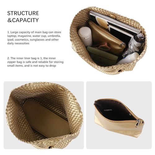 Woven Tote Bag Womens Purse Vegan Leather Shoulder Handbags Fashion Summer Beach Tote Bags Large Travel Totes - color: Golden