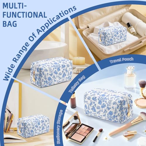 Small Makeup Bag Quilted Cosmetic Bag Floral Travel Toiletry Bags for Women Cute Pencil Case Quilted Makeup Pouch Aesthetic Coquette Cosmetic Pouch Cotton Make Up Bags Cute Zipper Pouches Blue - color: Ac-blue flower