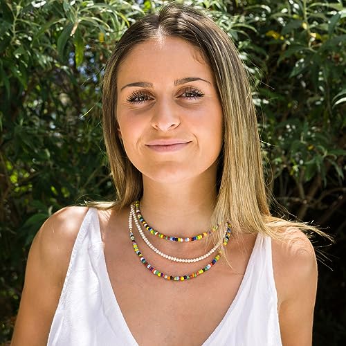 Aobei Pearl Gemstone Beaded Choker Necklace for Women Boho Turquoise/Cultured Freshwater Pearls/Garnet/Amazonite Jewelry - color: M Coloured Glaze