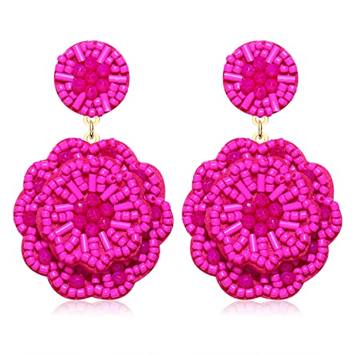Statement Beaded Drop Earrings for Women Layered Bead Dangle Earrings - color: Rose Red bead22