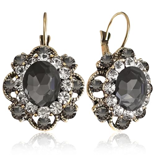Handmade Bohemian Vintage Gold Sparkly Crystal Round Flower Leverback Earrings Cute Rhinestone Geometry Dangle Drop Earring for Women - color: Grey