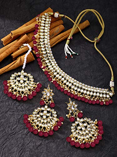 Aheli Faux Kundan Beaded Necklace Earrings Maang Tikka Indian Bollywood Ethnic Jewelry Set Gift for Women - color: Maroon