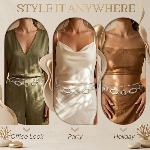Florideco Waist Chain Belt for Women, Layered Belly Chain, Waterproof Boho Pearl Concho Cuban Body Chain, Adjustable Summer Beach Coachella Fashion Jewelry for Jeans Dresses - style: Silver Plated-Disc Chain