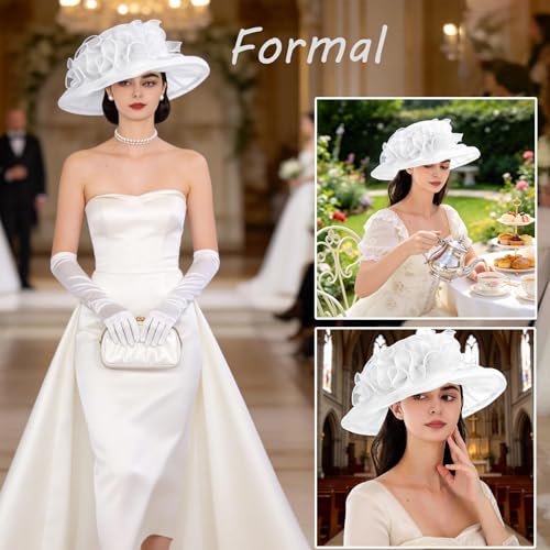 Women's Kentucky Derby Church Dress Hat Wide Brim Leaf Flower Bridal Shower Hat - color: G1-white