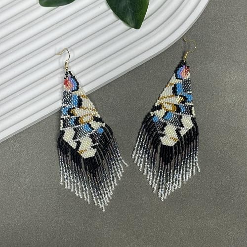 Handmade Seed Beaded Earrings, Lightweight Boho Fringe Dangle Earrings, Glass Bead Drop Jewelry for Everyday Wear & Party, Women Gifts - color: Feather