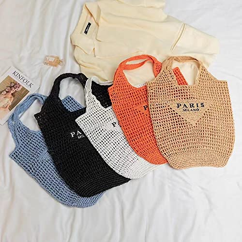 POOOPSSD New Woven Bag, Straw Mesh Tote Bag, Beach, Shoulder Bag, Hobo Women, Foldable Large Capacity, for Holiday. - color: Orange