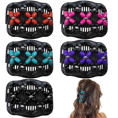 5 Pieces Stretchy Magic Hair Comb Adjustable Elastic Comb Hair Clip for Women Girls No Crease Hair Pins Vintage Hair Bun Maker Hair Accessories for Curly Thick Wavy Hair Ponytail - color: Black,Red,Pink,Purple,Blue