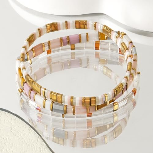 Tila Flat Square Stack Beaded Bracelets Set for Women Men, Boho 3Pcs Romantic Handmade Healing Gold Colorful Stretch Accessories Jewelry, Daily Vacation Party Holiday Friendship Gift - color: Light Pink