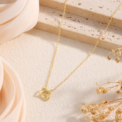Heart Necklace for Women Dainty 14K Gold/Silver Plated Love Charm Pendant Choker Adjustable Chain Meaningful Cute Jewelry Gift for Her Wife Best Friend Couple - style: Double Heart-GD