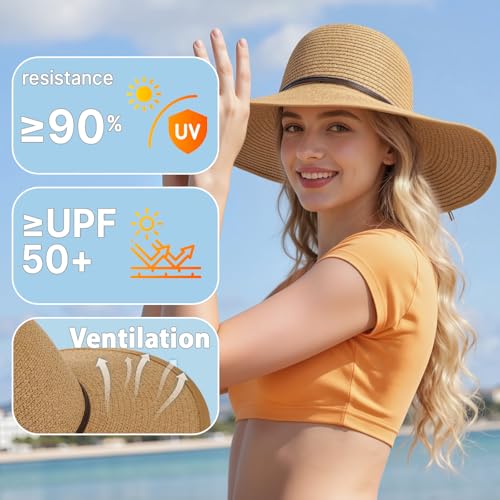 Sun Hats for Women, Straw Hats UPF 50+ Sun Protection, Wide Brim Womens Beach Hat for Summer Travel - color: Khaki