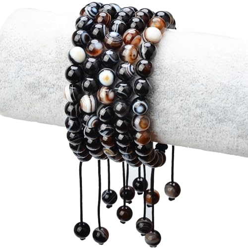 MASSIVE BEADS Natural Healing Power Gemstone Crystal Beads Unisex Adjustable Macrame Bracelets - color: Evil Eye Agate, size: 6mm