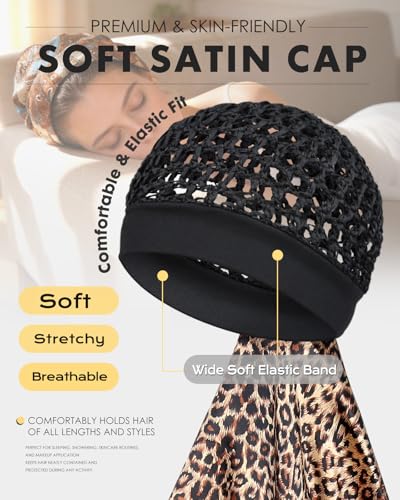 Protective Hair Wrap Scarf & Hair Net 2 in 1 - Satin Scarf with Net for Sleeping, Travel & After Silk Press - color: Classic Leopard