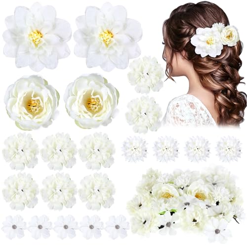 BBTO 21 Pcs Flower Hair Clip Rose Hair Clips Barrettes for Women Flower Accessories Boho Bride Claw Clip Hairpin Brooch Pin Headpiece for Wedding (White) - color: White