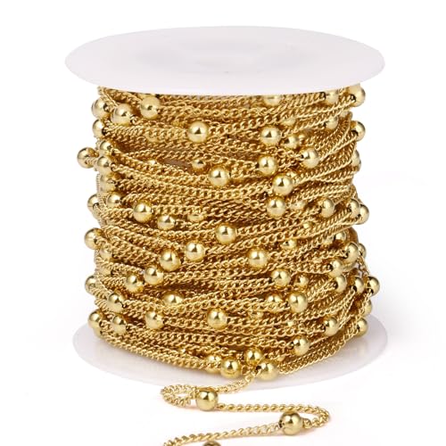 33 Feet Gold Satellite Chains Roll, 2mm 18K Gold PVD Plated 304 Stainless Steel Ball Beaded Twisted Curb Chains Spool Bulk for Jewelry Making DIY Craft - color: Gold Big Beads Satellite Curb Chain