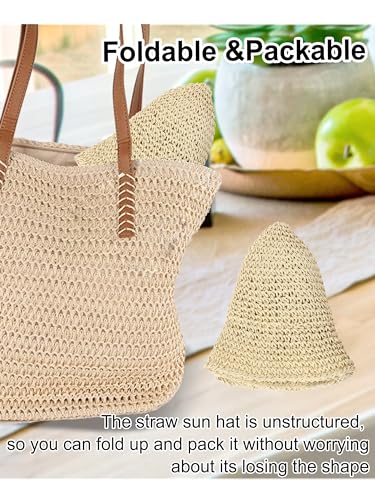 Womens Sun Hat Handmade Straw Bucket UV Protection Travel Summer Beach Cap - color: Beige