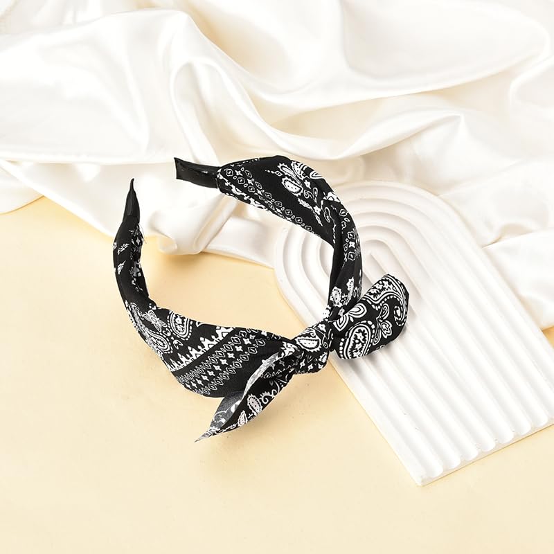 Boho Paisley Bandana Headbands with Knotted Bow and Rabbit Ear Design for Women and Girls - Black Bowknot Hairband Accessories - color: black
