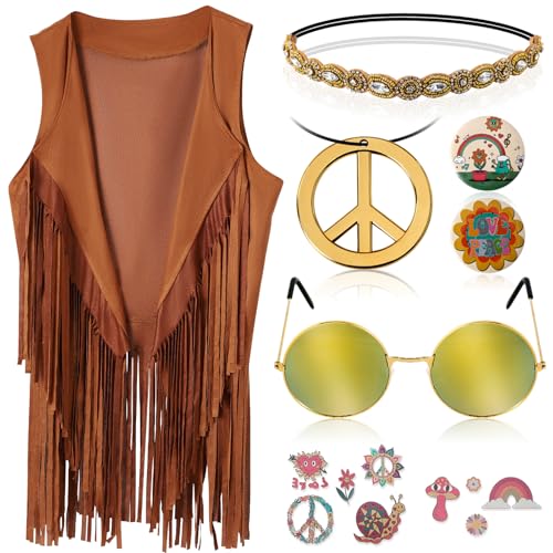 60s 70s Outfits for Women Hippie Costume Clothes Set 70s Costume Tops Women Fringe Hippie Vest for Halloween - color: Khaki Vest, size: Small