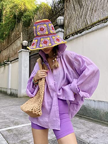 Women Straw Sun Hat Floral Woven Crochet Bucket Hat Y2k Aesthetic Accessories Beach Hat Hand Woven Boho Foldable Cap - color: Black