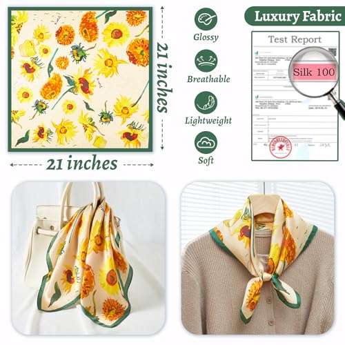 100% Mulberry Silk Neck Scarf 21''x21'' Small Square Hair Scarf for Women Men Lightweight Bandana Envelope Package - color: Floral- Yellow