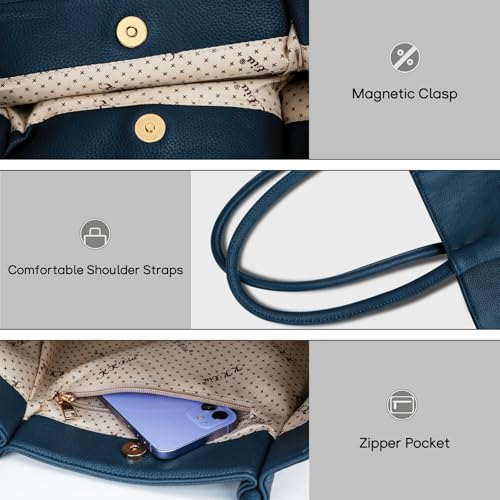 KKXIU Tote Bag for Women Vegan Leather Shoulder Purse Large Capacity Travel Bag - color: Navy