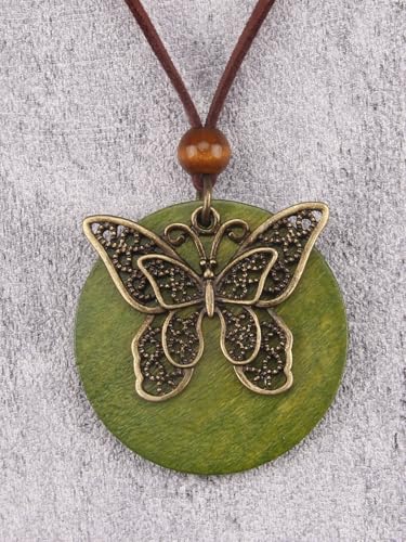 GelConnie Leather Necklace for Women Round Wooden Pendant Long Leather Choker Vintage Sweater Necklace Gold Chunky Boho Necklaces for Women - style: Butterfly Wooden Necklace