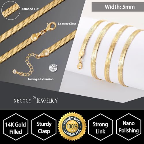 NECOCY 14K Gold Plated Necklaces for Women, Dainty Gold Herringbone Choker Necklace Thin Layered Snake Chain Jewelry for Gifts - color: 5MM 18"-GD Herringbone Necklace