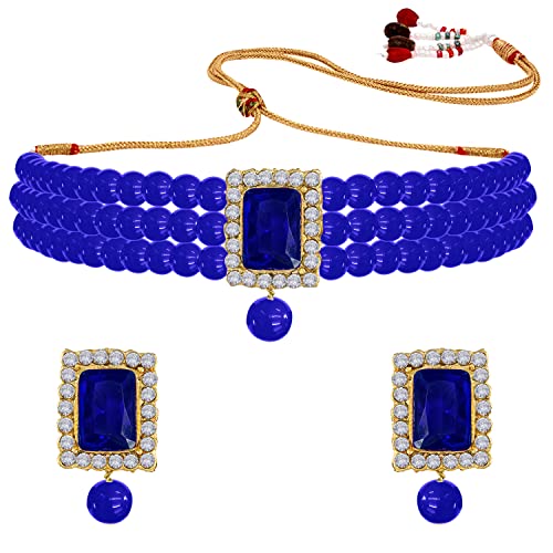 Aheli Ethnic Choker Necklace Earrings Wedding Bollywood Party Jewelry Set Gift for Women - color: Blue 2