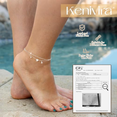 Kenivira Sterling Silver Ankle Bracelets for Women Dainty Non Tarnish Gold Layered CZ Heart Charm Anklets for Women Waterproof Adjustable Chain Anklet Cute Summer Beach Jewelry Gift - color: silver cz heart