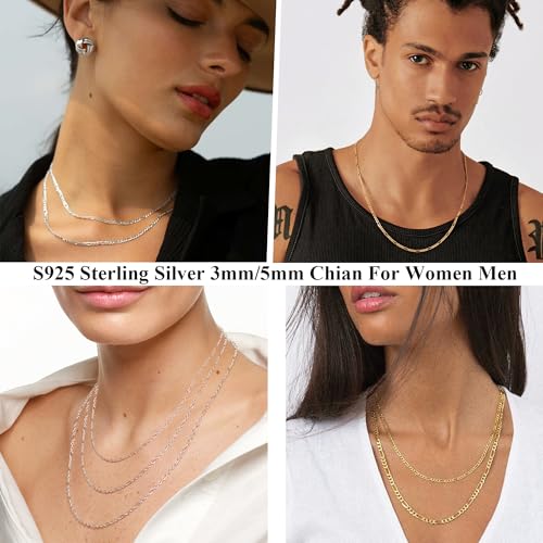 Avotto S925 Sterling Silver Figaro Chain Necklace for Women Girls 3mm/5mm Thick Sturdy & Colourfast Women's Chain Necklaces Jewelry for Women Girls 14/16/18/20/22/24/Inch - color: 3mm-Silver, size: 20 inch(50cm)-Long Pendant Length