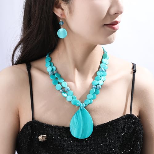 Big Teardrop Pendant Necklaces for Women Colorful Beaded Necklaces Statement Set for Holiday. - color: Turquoise