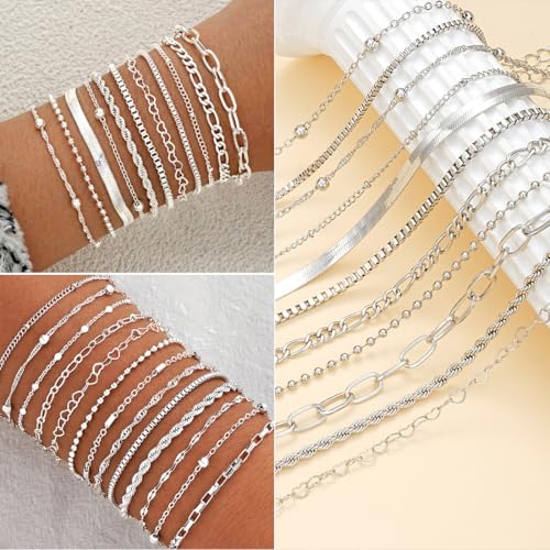 47pcs Gold Jewelry Set With 3 PCS Necklace, 11 PCS Bracelet,20pcs Hoop Stud Earrings,7pcs rings set For Women For Birthday Gifts - color: Silver